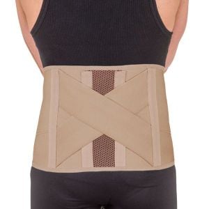 Corsetto elastico lombosacrale con rinforzi paravertebrali e supporto lombare ad incrocio