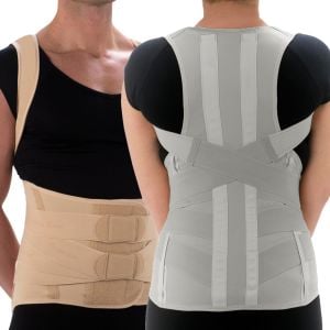Corsetto semirigido dorsolombare con spallacci, rinforzi paravertebrali e tiranti pelvici