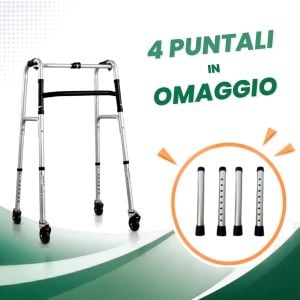 Deambulatore per anziani con quattro ruote piroettanti 