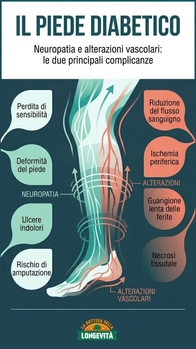 Infografica del piede diabetico con evidenziate le zone a rischio di neuropatia periferica e microangiopatia
