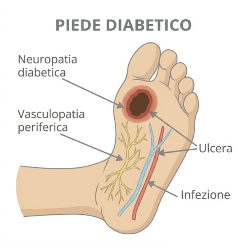 Piede diabetico: complicanza del diabete mellito con vulnerabilità a lesioni e ulcere, gestita con calzature ortopediche certificate CE