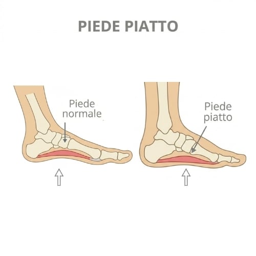 Piede piatto: collasso dell'arco plantare mediale con dolore e problemi posturali, corretto con scarpe ortopediche con supporto plantare