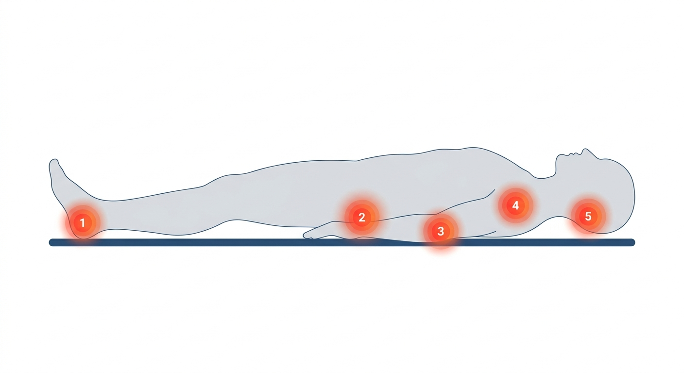 Punti di pressione del corpo a rischio piaghe da decubito: talloni, sacro, gomiti, scapole