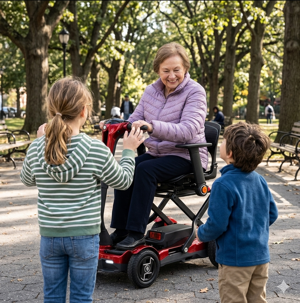 Nonna sorridente su scooter elettrico con i nipoti al parco