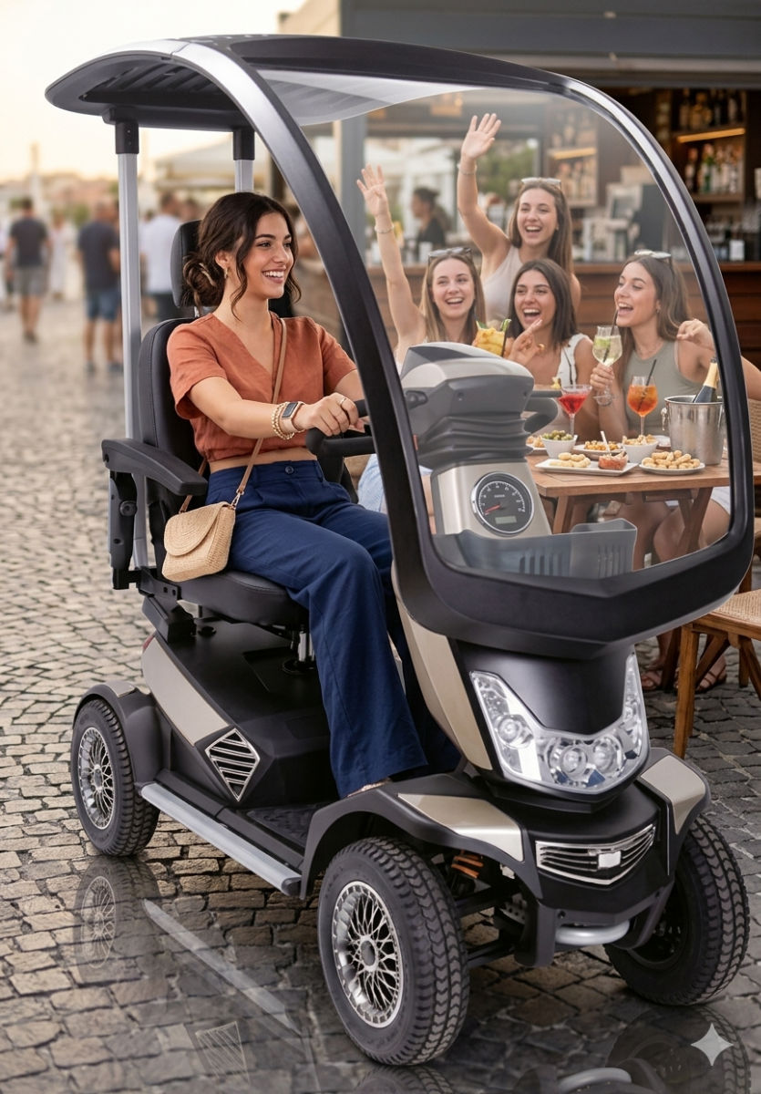 Ragazza giovane su scooter elettrico moderno in città